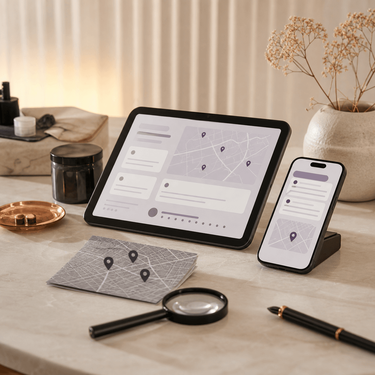 Moodshot fuer Google und KI-Suche: Such- und Kartenansicht auf Tablet und Smartphone mit Standortmarkern.