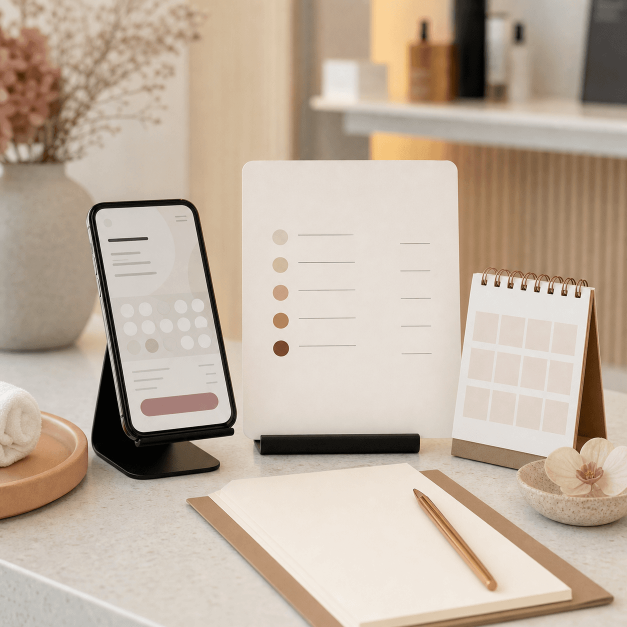 Moodshot fuer Inhalte und Buchung: Smartphone, Behandlungsliste und Terminkalender im Studio.