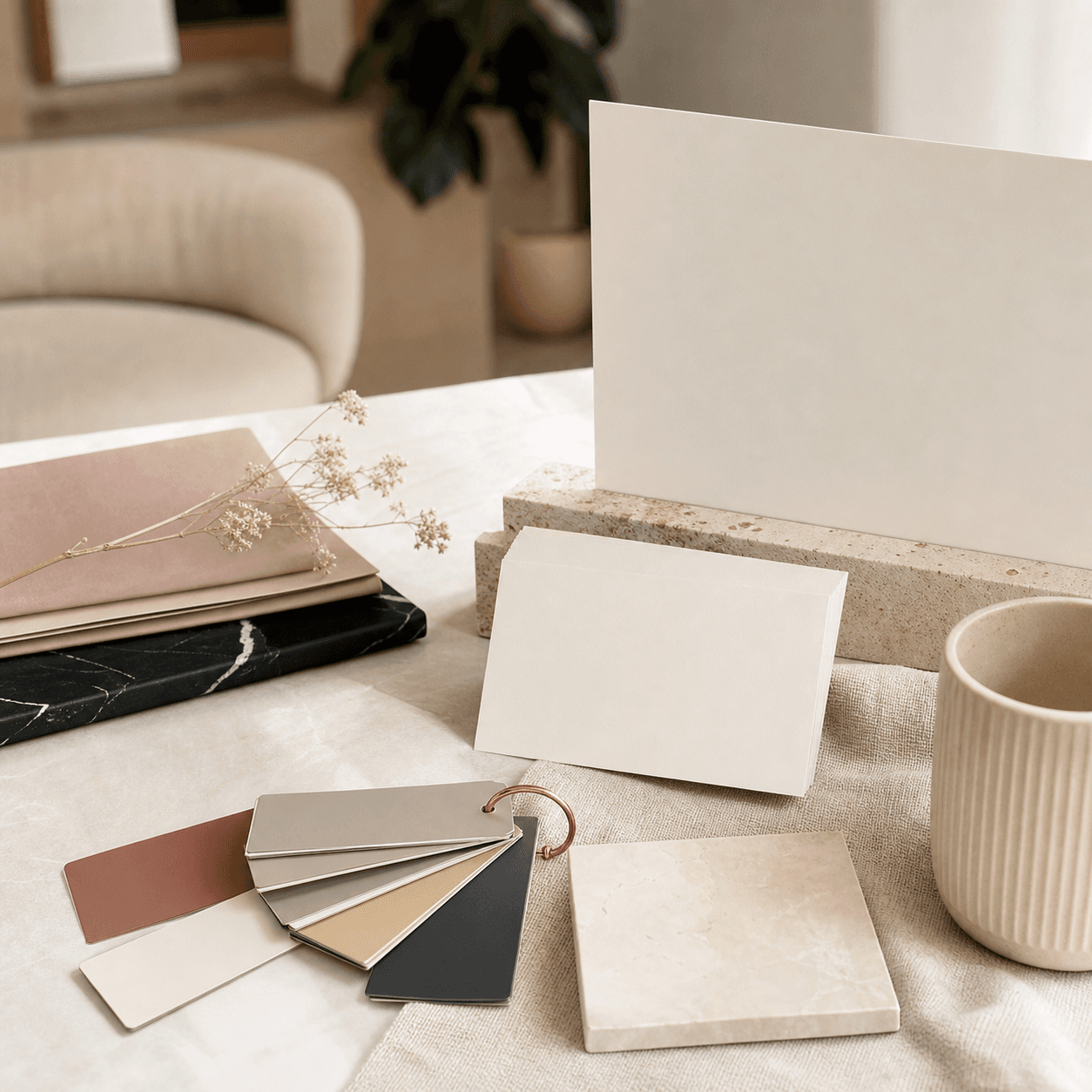 Moodshot fuer Look und Branding: ruhiges Studio-Branding mit Farbfaecher, Papeterie und Materialmustern.
