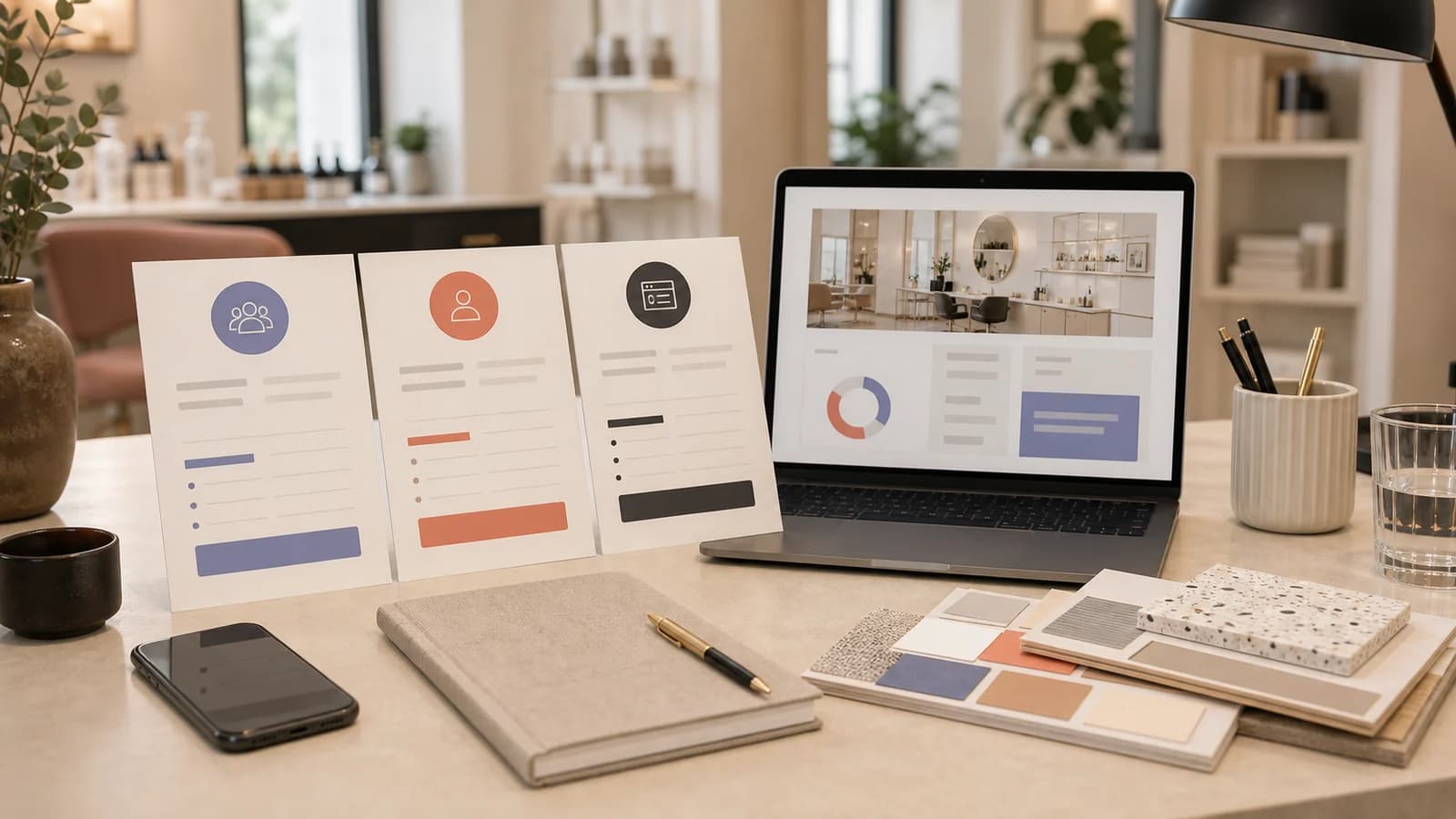 Studio-Inhaberin vergleicht Website-Optionen an einem großen Tisch mit Laptop und Notizen.