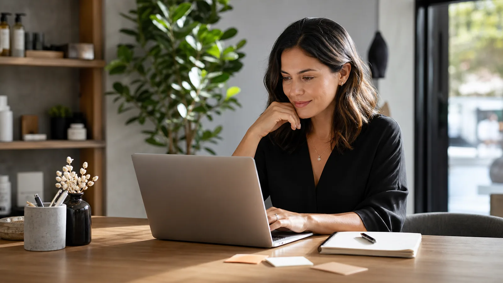 Studioinhaberin liest Kundenfeedback am Laptop, daneben Notizen zur lokalen Website.