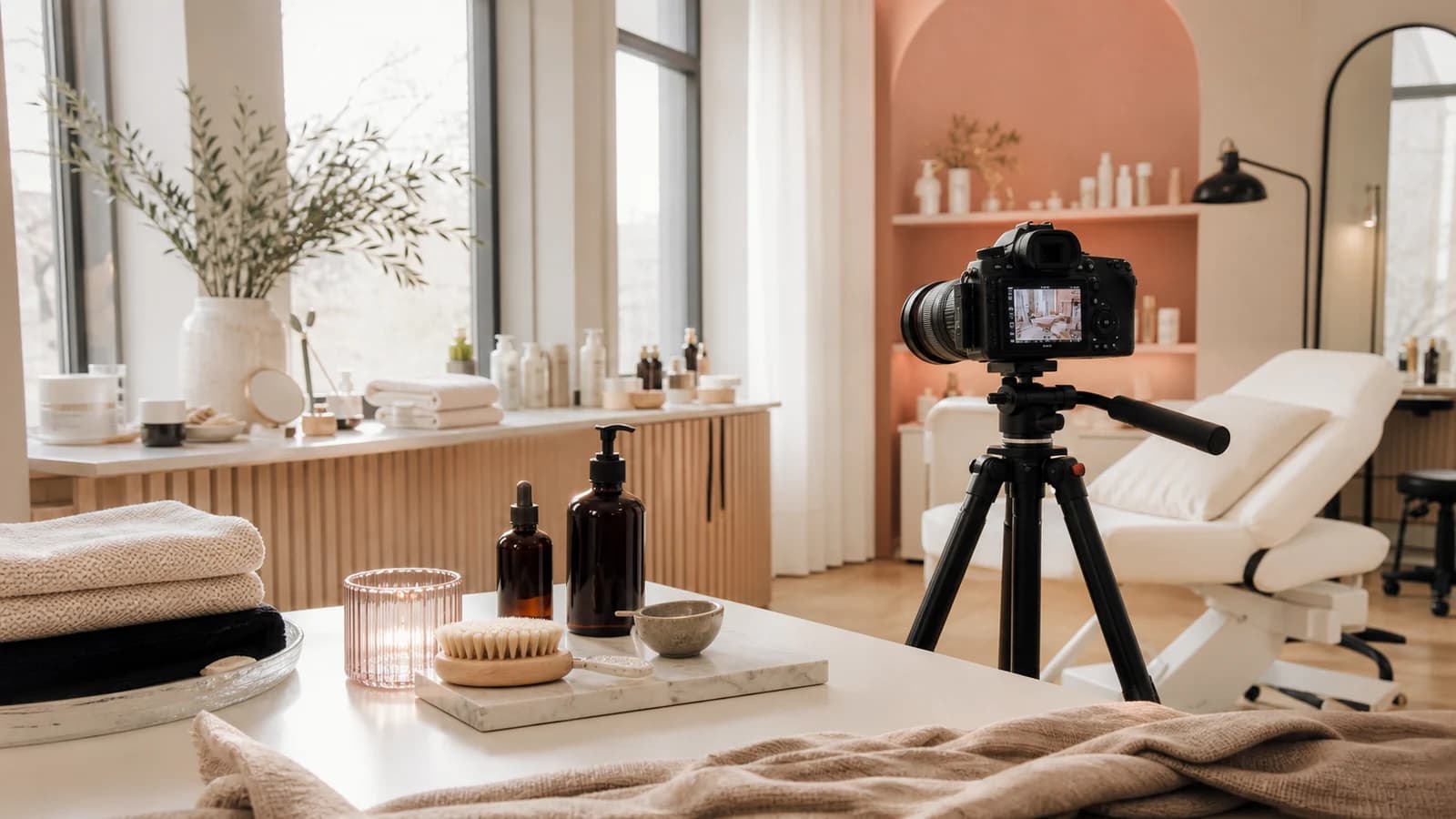 Ruhige Studio-Szene mit Kamera, Behandlungsliege und ausgewählten Arbeitsdetails.