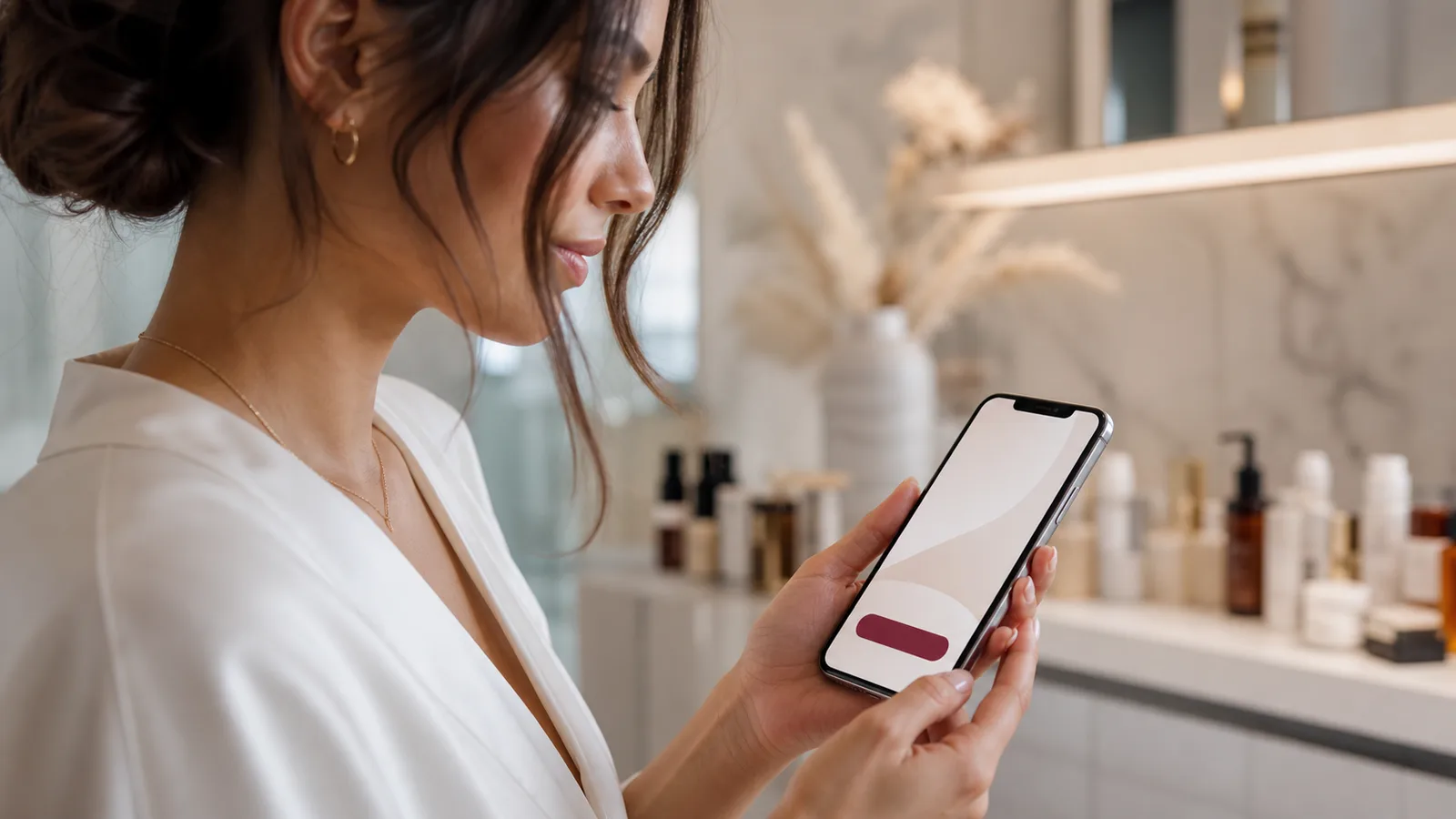 Hand hält ein Smartphone mit einer ruhigen, nicht lesbaren Buchungsoberfläche im Studio.