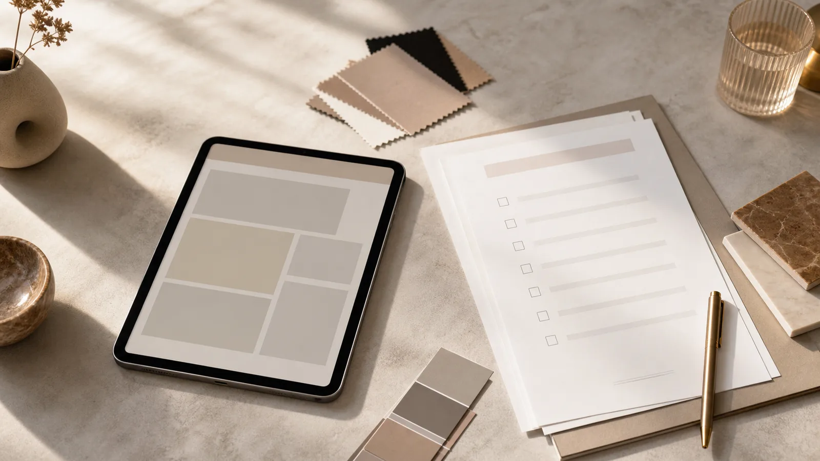 Geordnete Notizen, Tablet und Farbmuster zur Planung einer Beauty-Studio-Startseite.