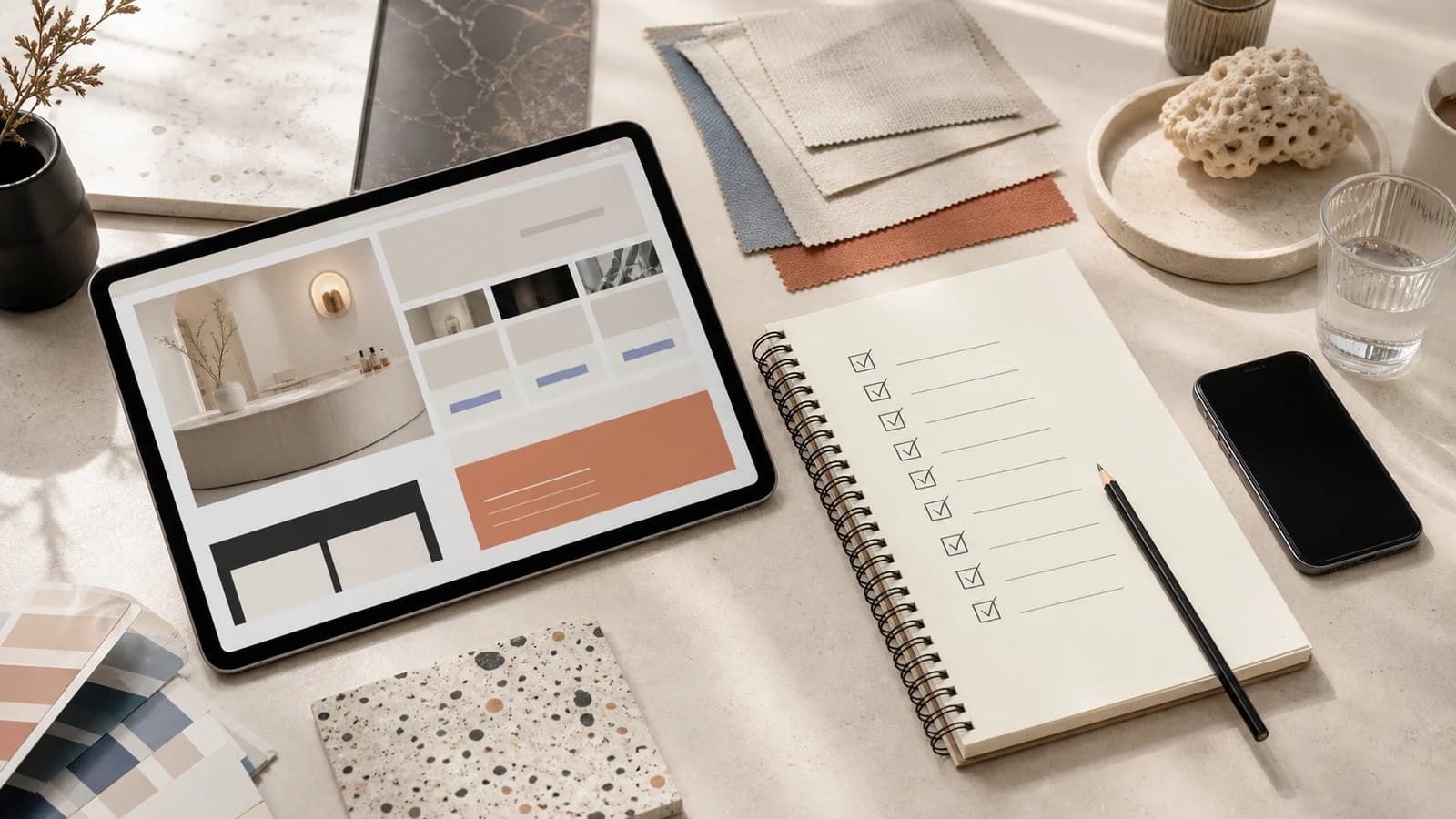 Notizbuch, Smartphone und Studio-Details auf einem ruhigen Arbeitstisch.