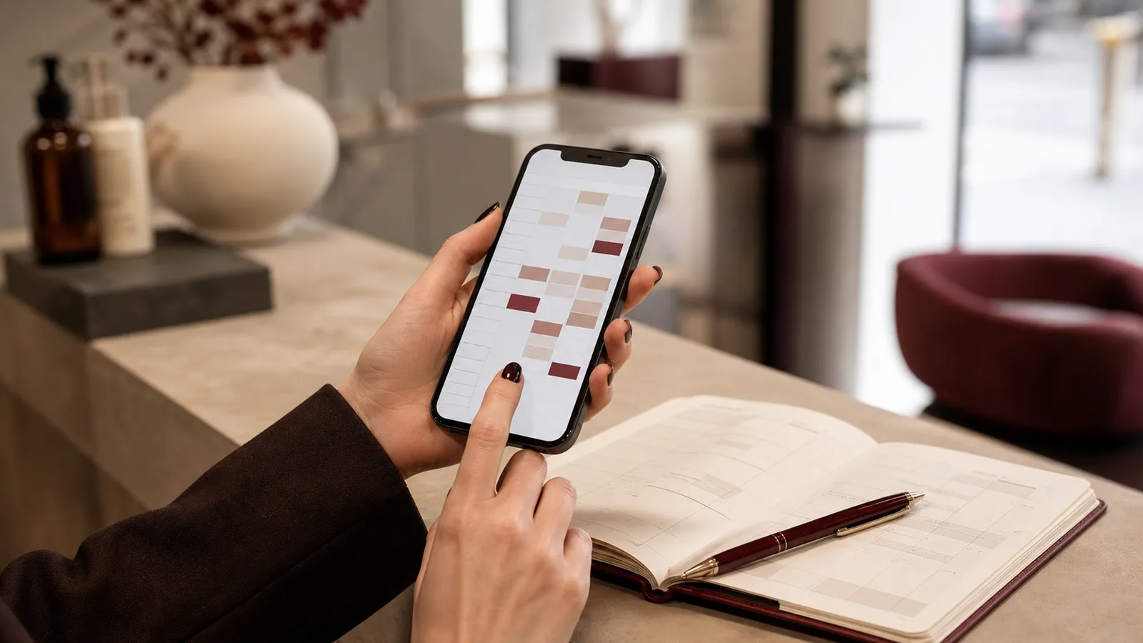 Smartphone mit ruhiger Terminansicht neben Kalender und Stift auf einem Studioempfang.