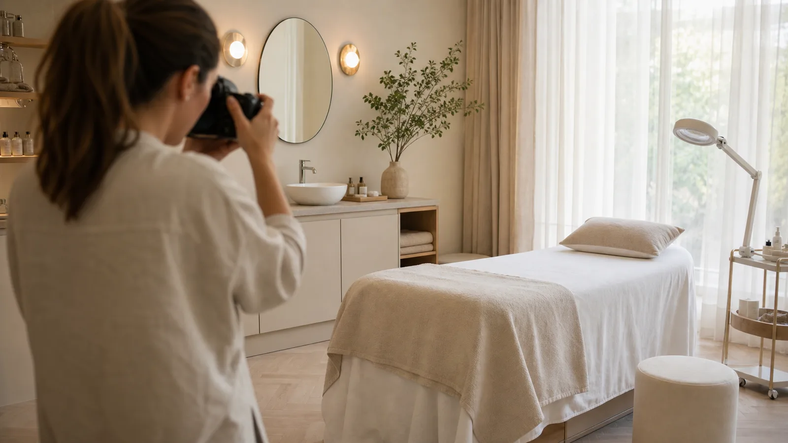 Fotografin fotografiert einen hellen Behandlungsraum in einem gepflegten Beauty-Studio.