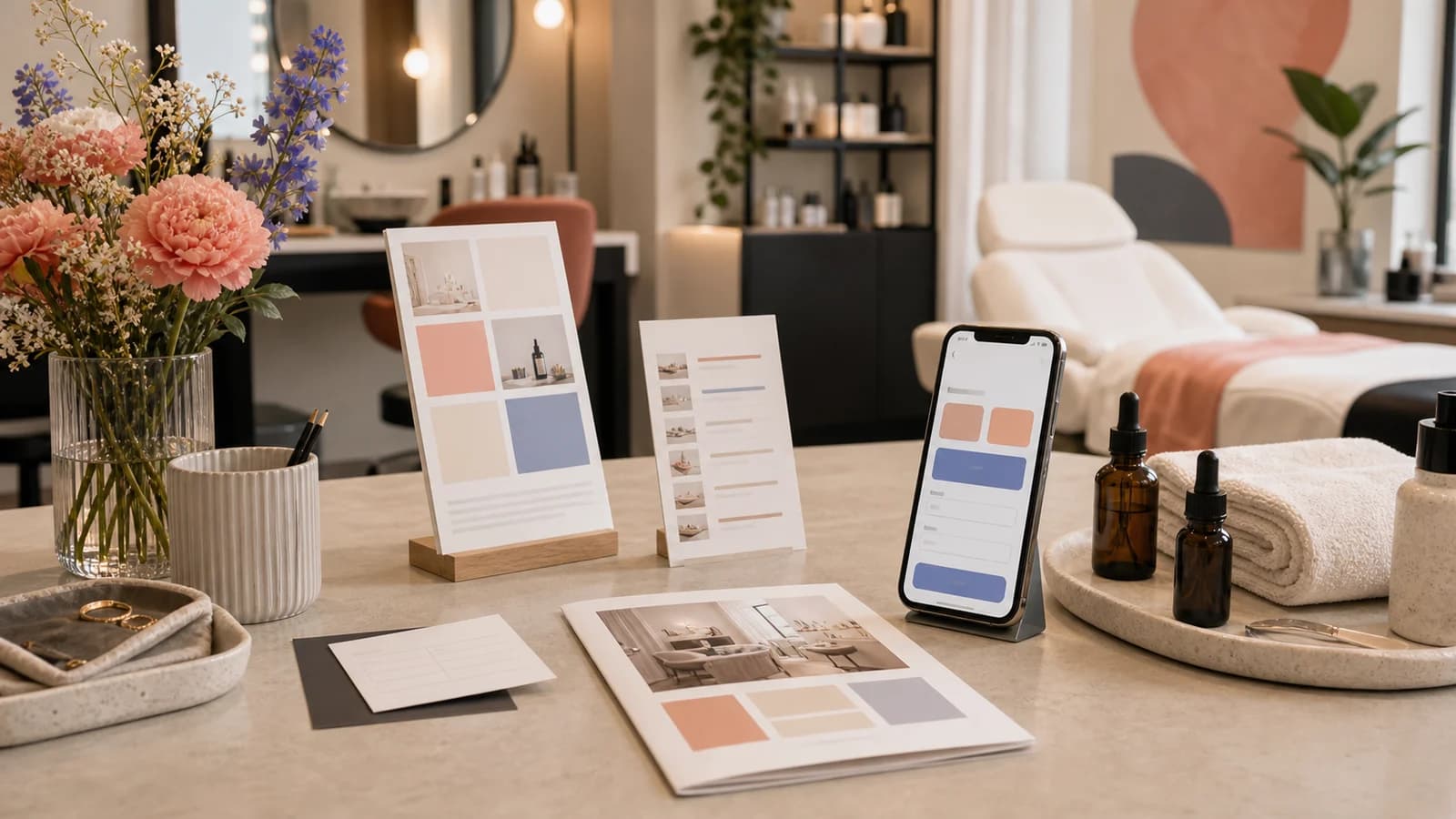 Ruhige Studiosituation mit Smartphone, Terminkalender, Pflegeprodukten und Notizkarte auf einem Empfangstresen.