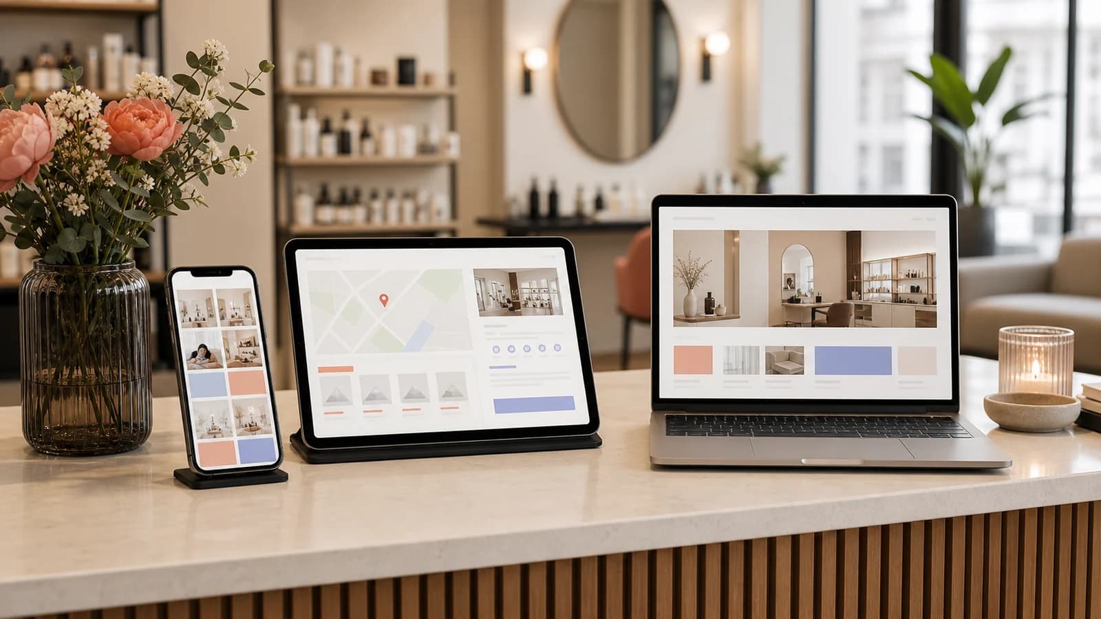 Heller Studiotisch mit Smartphone, Laptop, Notizbuch und ruhiger Arbeitsatmosphäre.