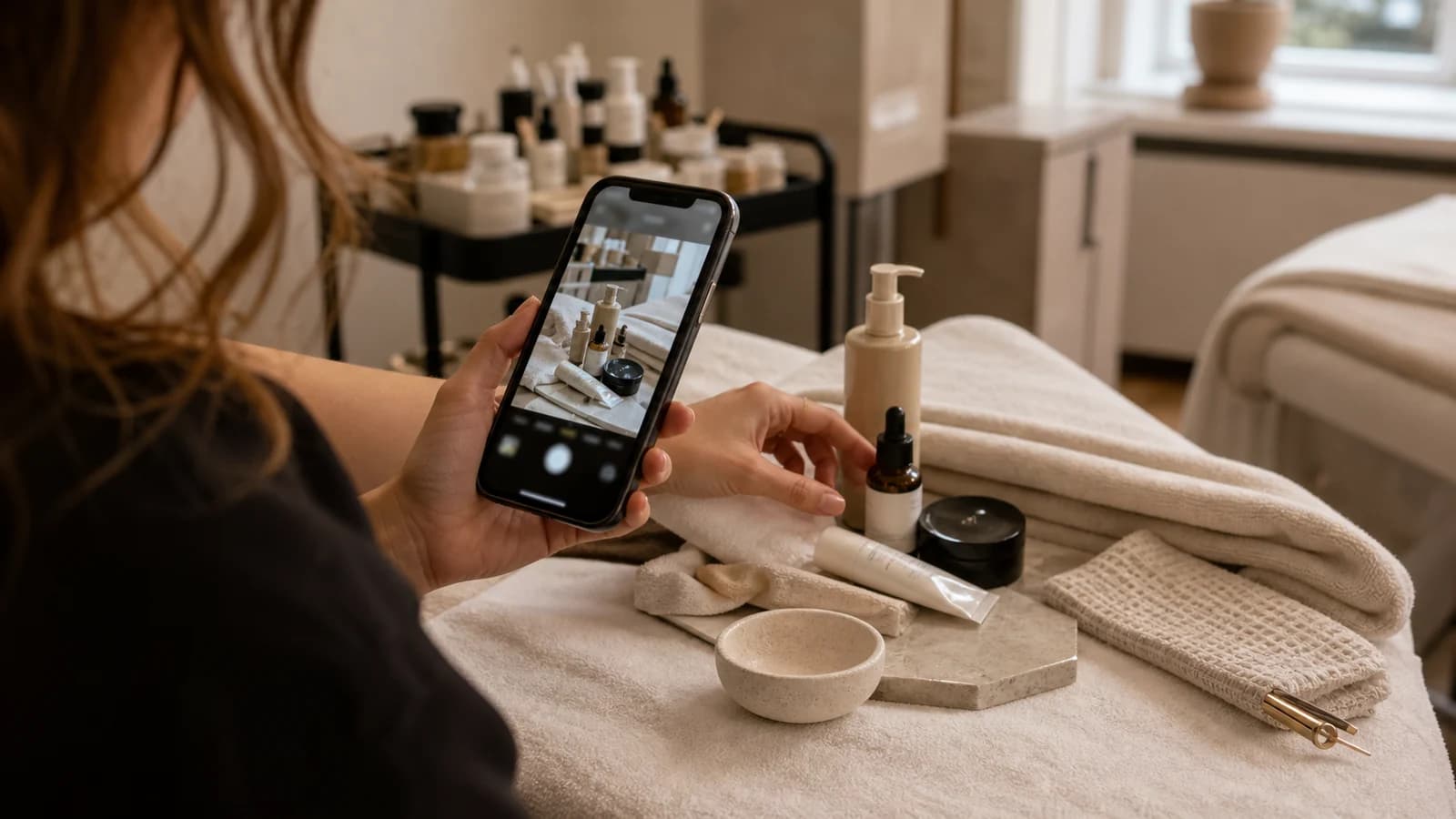 Studio-Mitarbeiterin erstellt mit dem Smartphone Inhalte in einem Beauty-Studio.