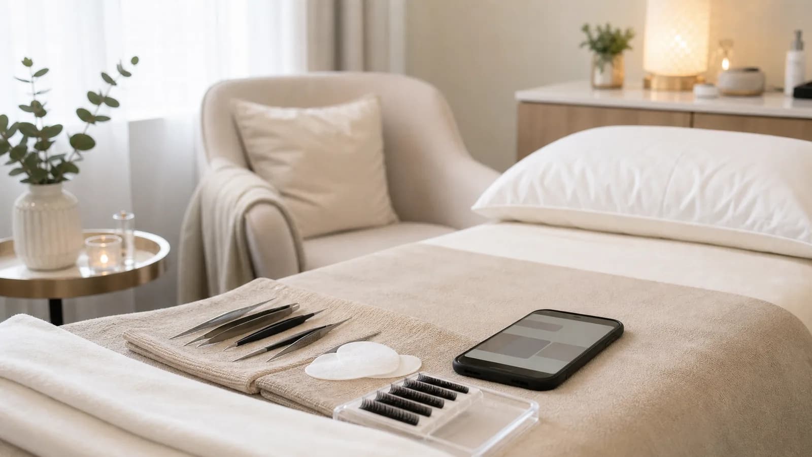 Ruhiger Behandlungsplatz eines Lash-Studios mit feinen Werkzeugen und Smartphone.