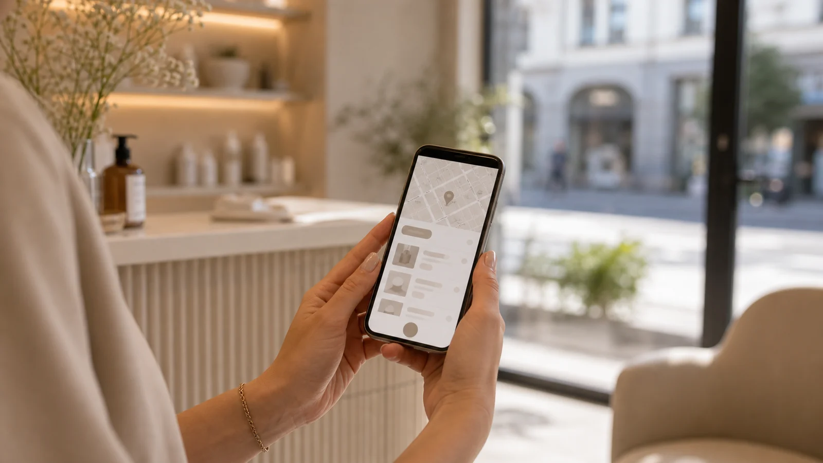 Smartphone mit abstrakter lokaler Suche vor einem hellen Beauty-Studio.