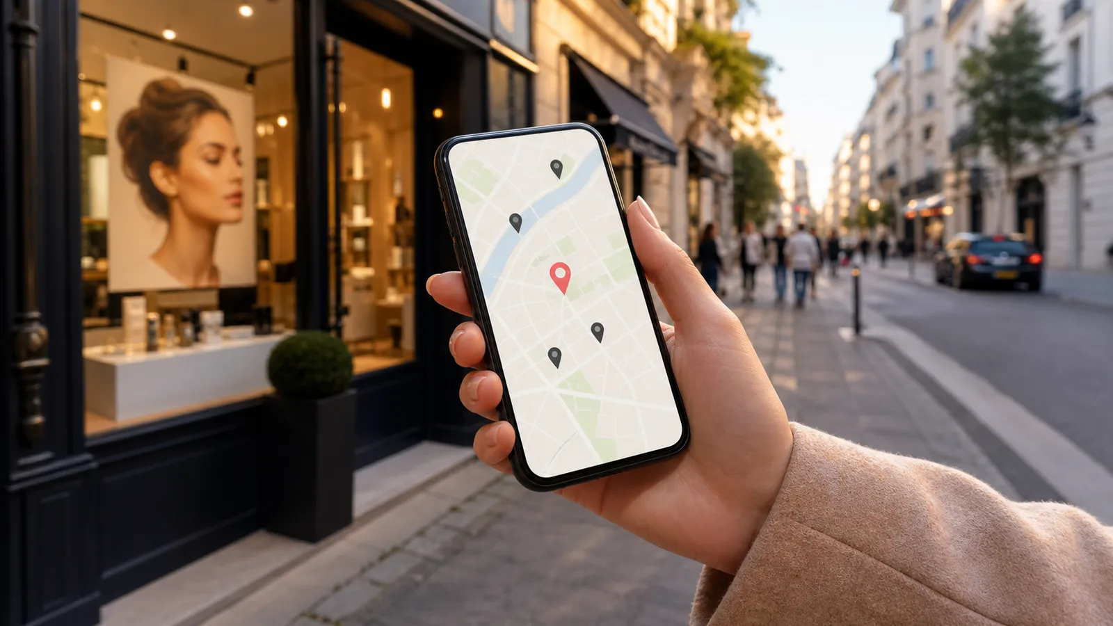 Smartphone mit lokaler Kartensuche in einer belebten Straße vor einem Beauty-Studio.