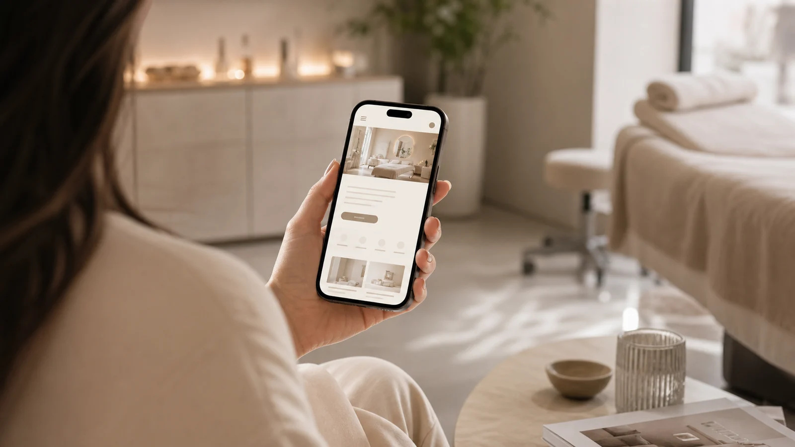 Person hält ein Smartphone mit mobiler Studio-Website in einem hellen Beauty-Studio.