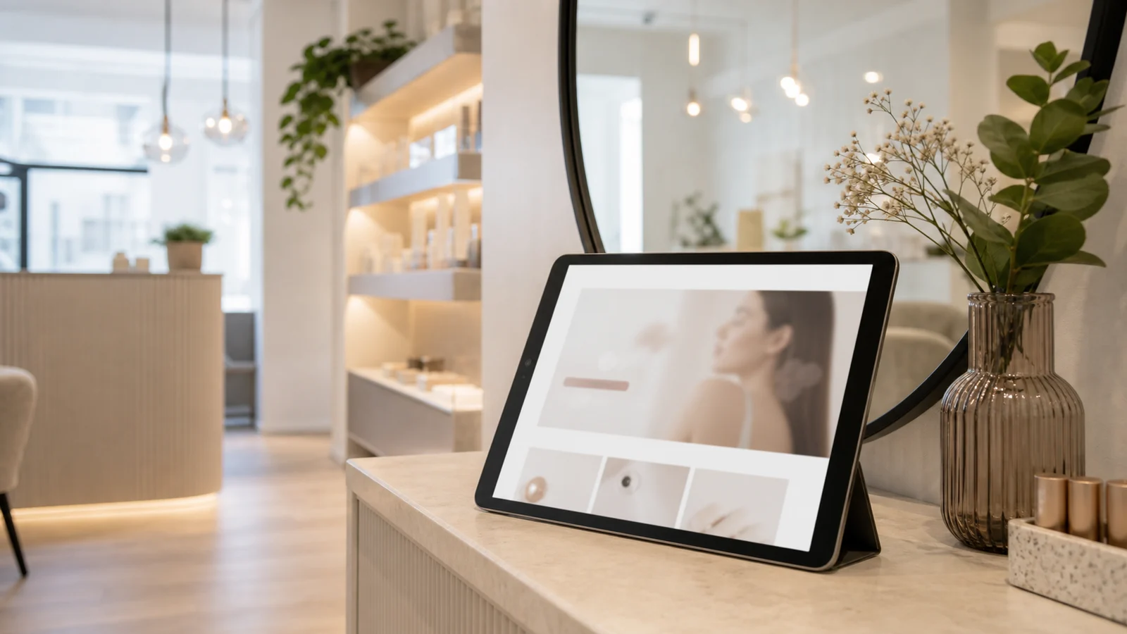 Tablet mit abstrakter Studio-Startseite in einem modernen Beauty-Studio.