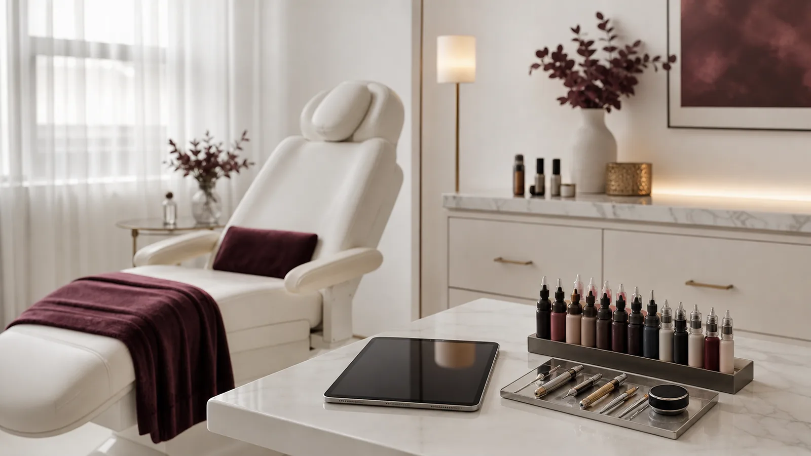 Ruhiger Permanent-Make-up-Behandlungsraum mit Pigmenten, feinen Werkzeugen und Beratungstablet.