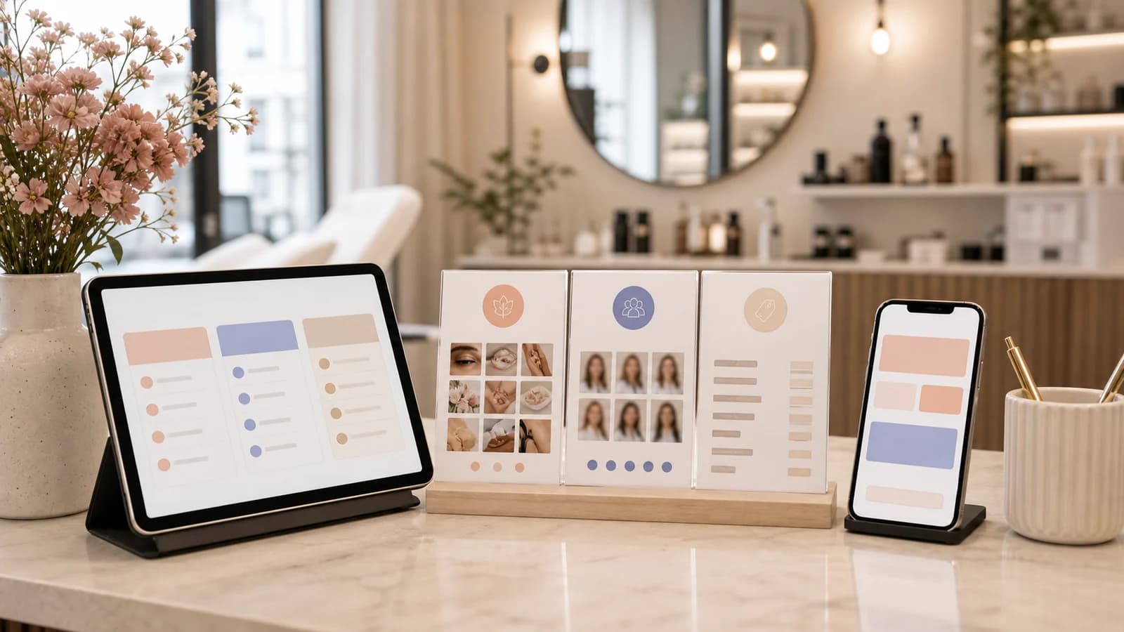 Studio-Inhaberin prüft Preise und Leistungen auf einem Tablet in einem hellen Studio.