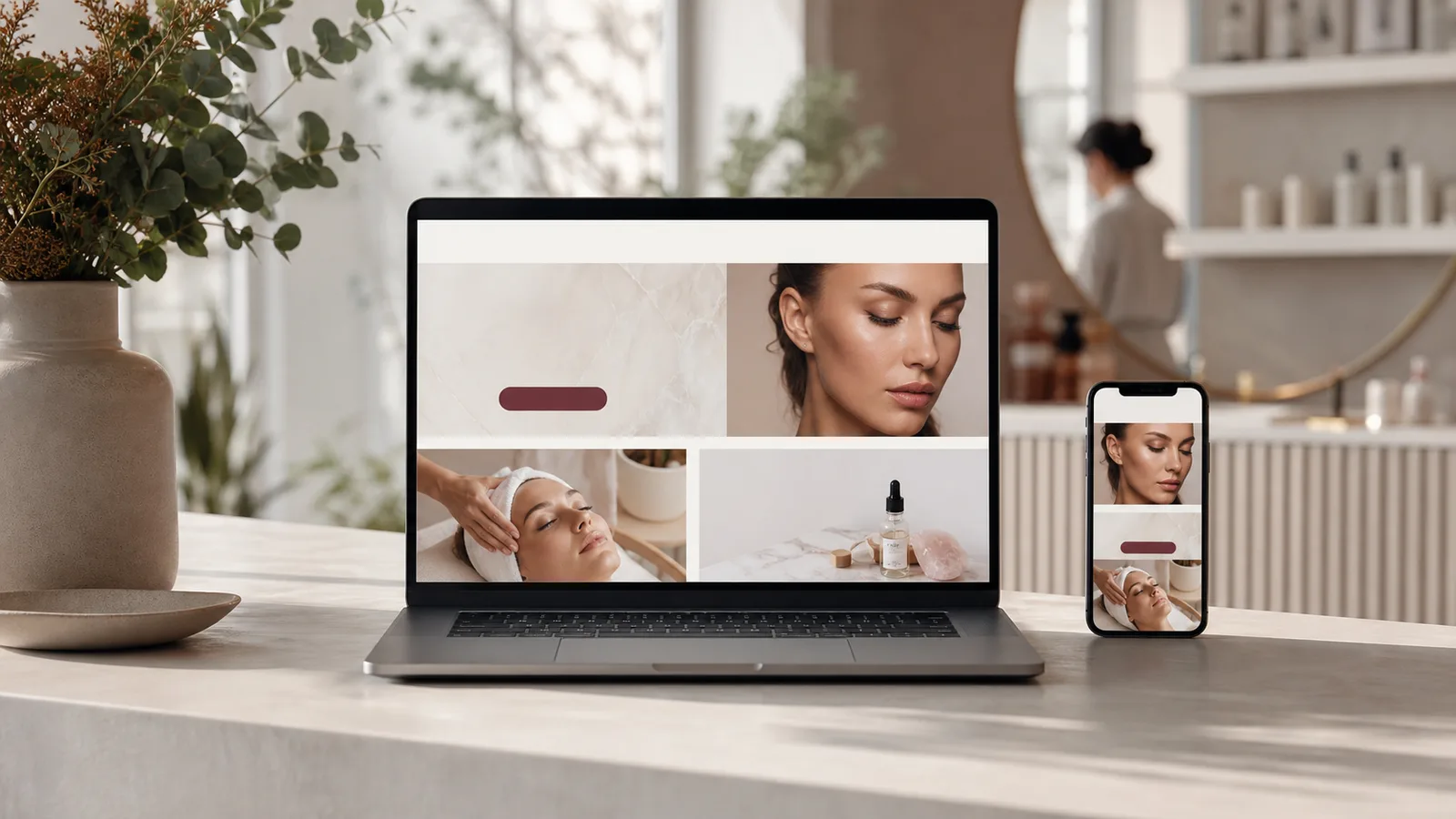 Smartphone und Laptop mit hochwertiger, textfreier Studio-Website auf einem Empfangstresen.