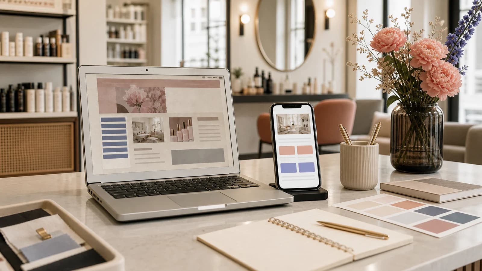 Ruhiger Studiotisch mit geöffnetem Laptop, Smartphone, Notizbuch und dezenten Materialien in hochwertiger Atmosphäre.