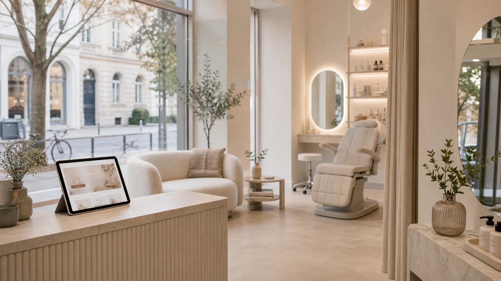 Helles Berliner Beauty-Studio mit Tablet und ruhigem Empfangsbereich.