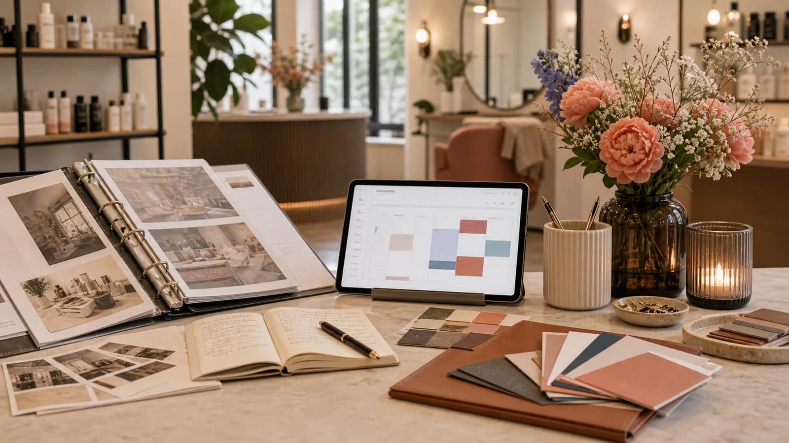Ruhiger Empfangsbereich eines bestehenden Studios mit Tablet und gepflegten Materialien.