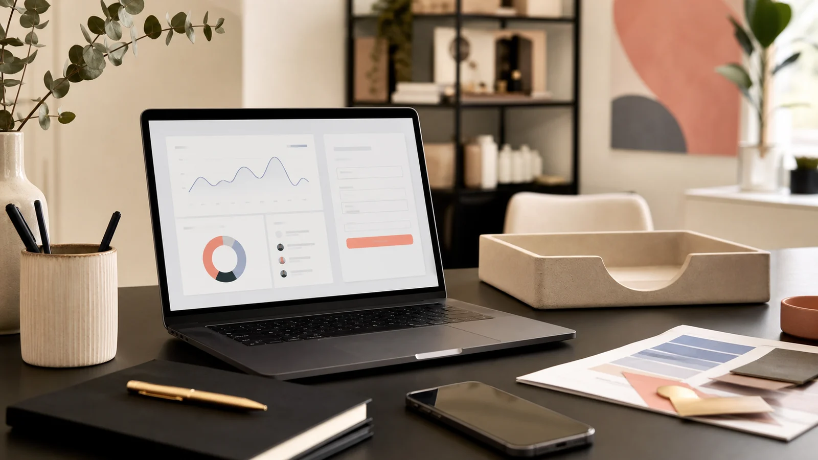 Tablet mit abstrakter Website-Ansicht neben Terminplan und Studio-Materialien.