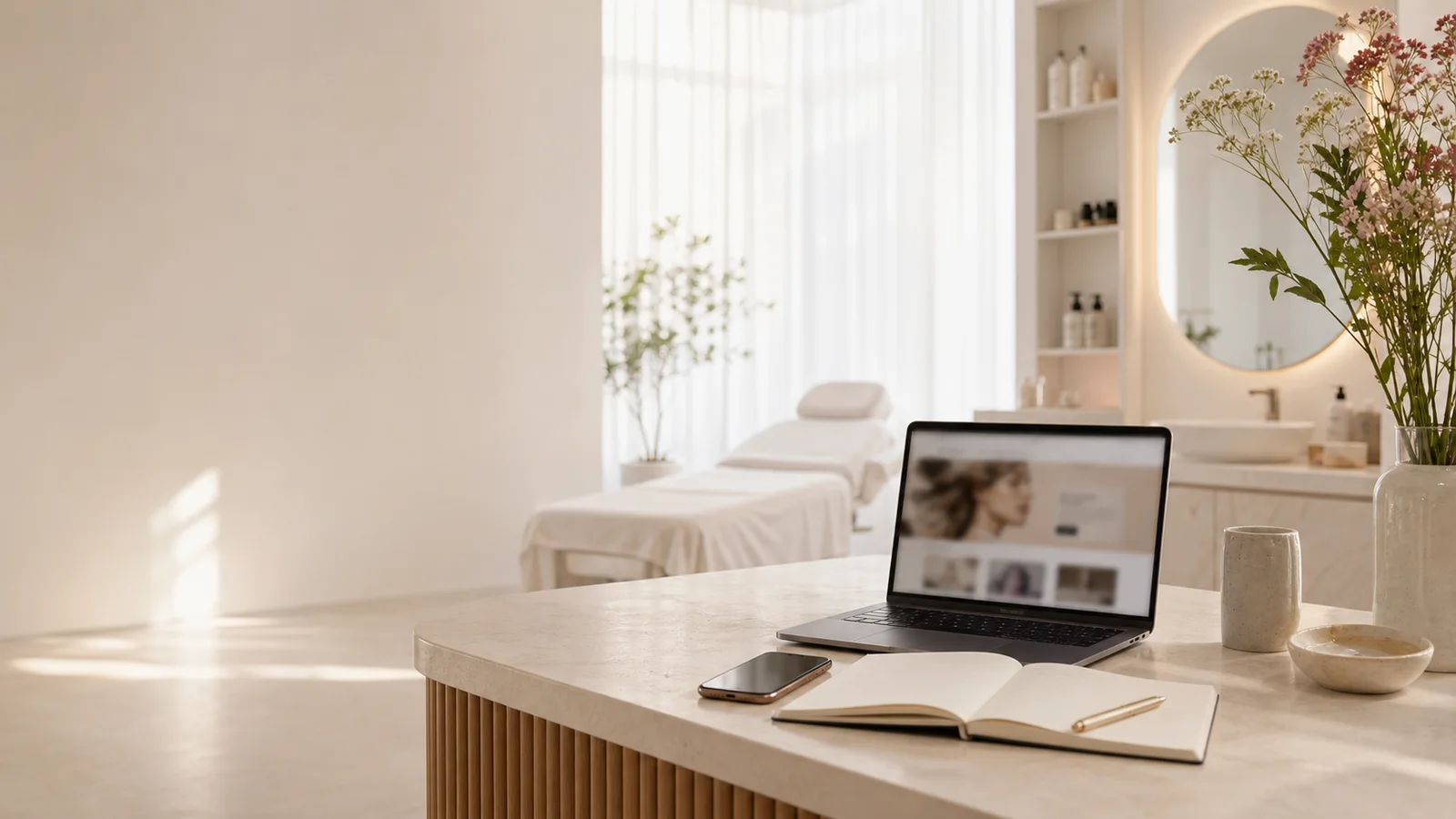 Helles Beauty-Studio mit Laptop, Smartphone und Notizbuch auf einem Empfangstresen.