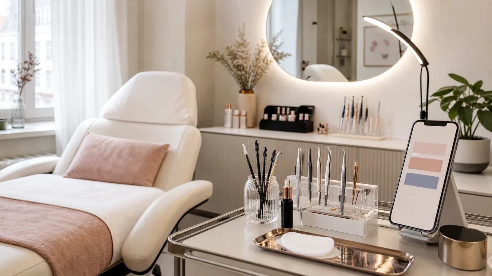 Ruhiger Brow- und Lash-Behandlungsplatz mit professionellen Tools und weichem Licht.