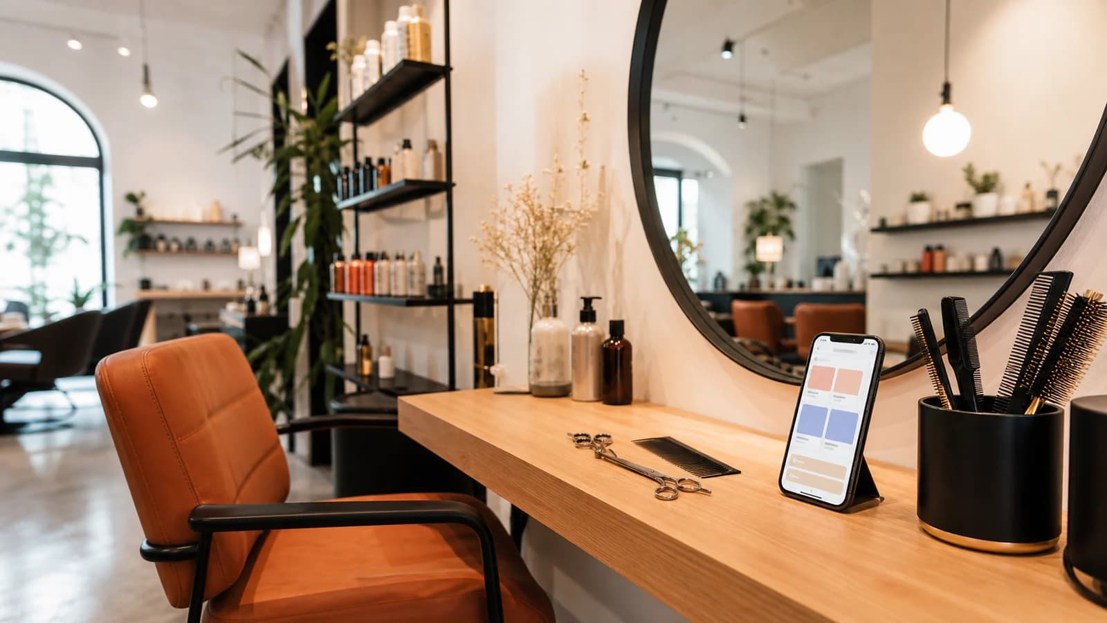 Heller Friseursalon mit Spiegelplatz, Stylingtools und ruhiger Beratungsatmosphäre.