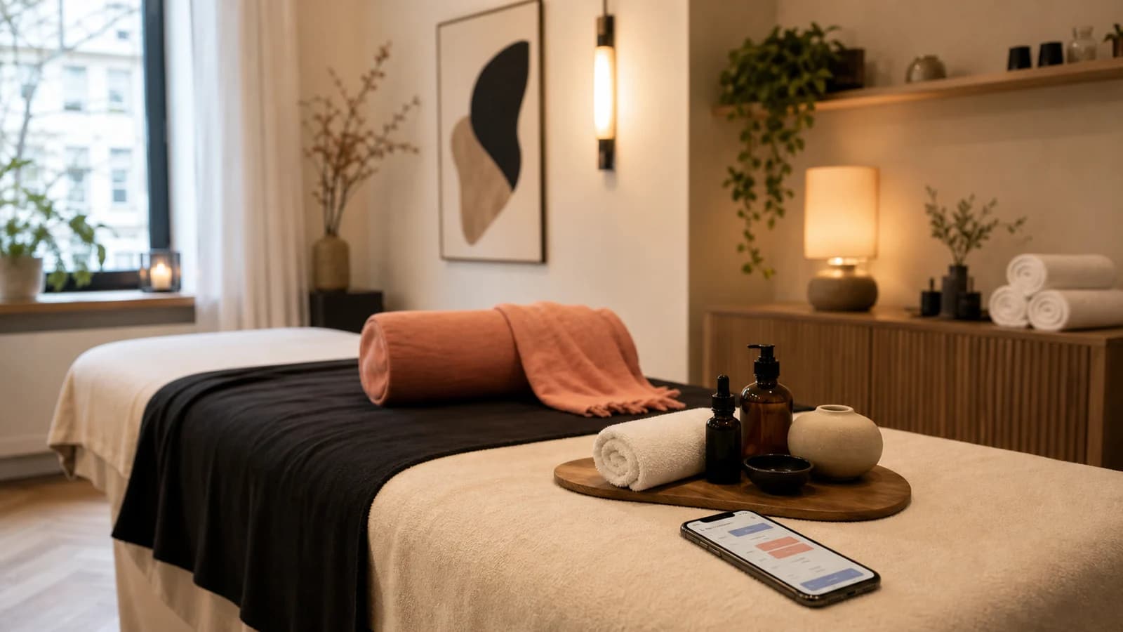 Ruhiger Behandlungsraum in einem hochwertigen Massagestudio mit Liege, Textilien, warmem Licht und dezenten Details.