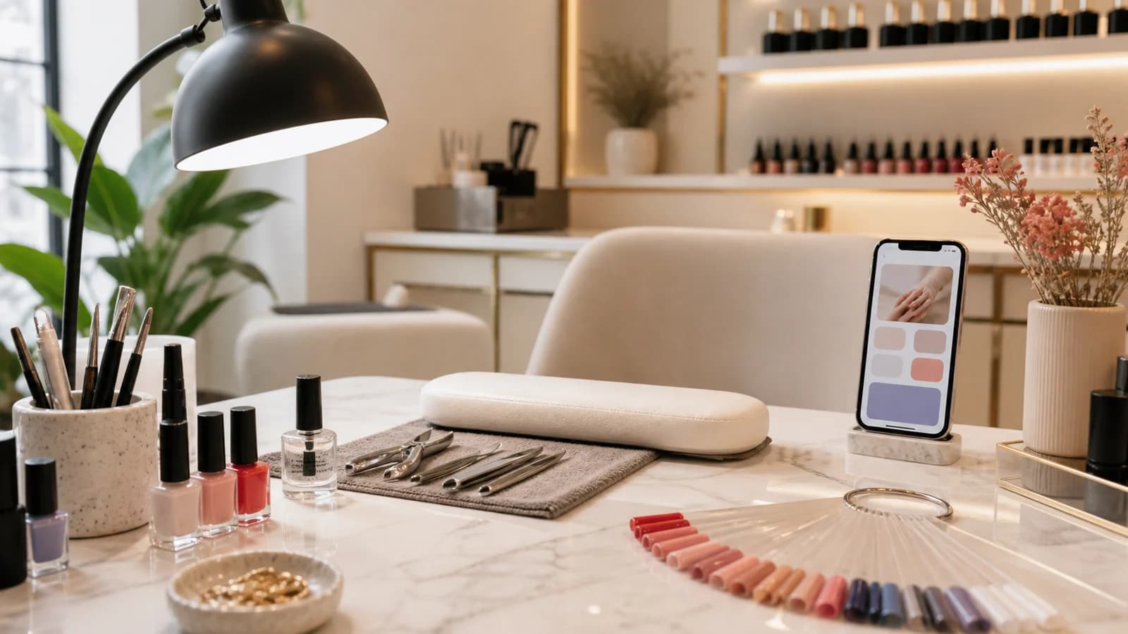 Moderner Nagelstudio-Arbeitsplatz mit gepflegten Tools, Farbmuster und natürlichem Licht.