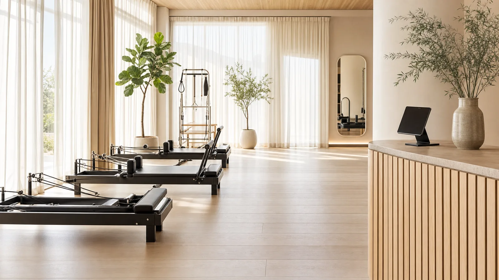Helles Pilatesstudio mit Reformern, natürlichem Licht und Tablet am Empfang.