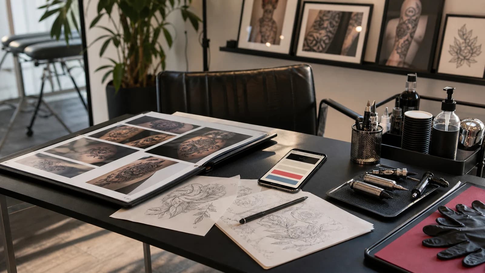 Ruhiger Arbeitsplatz in einem hochwertigen Tattoo-Studio mit Skizzen, sterilen Arbeitsmaterialien und warmem Tageslicht.