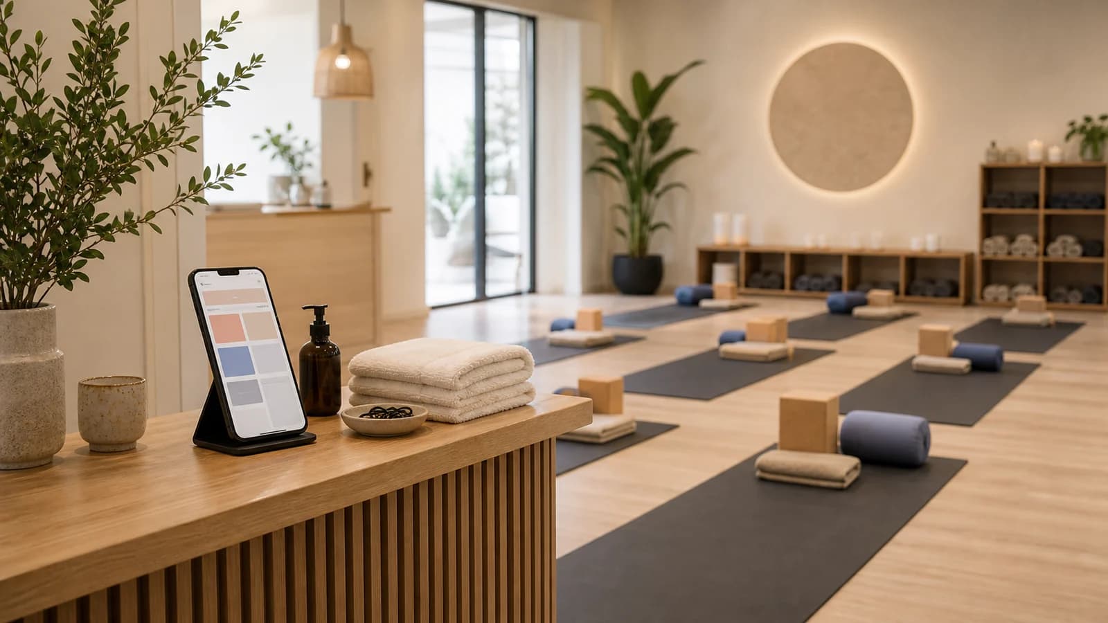 Ruhiger Yogastudio-Empfang mit Matten, Kursplan und Smartphone auf hellem Holz.