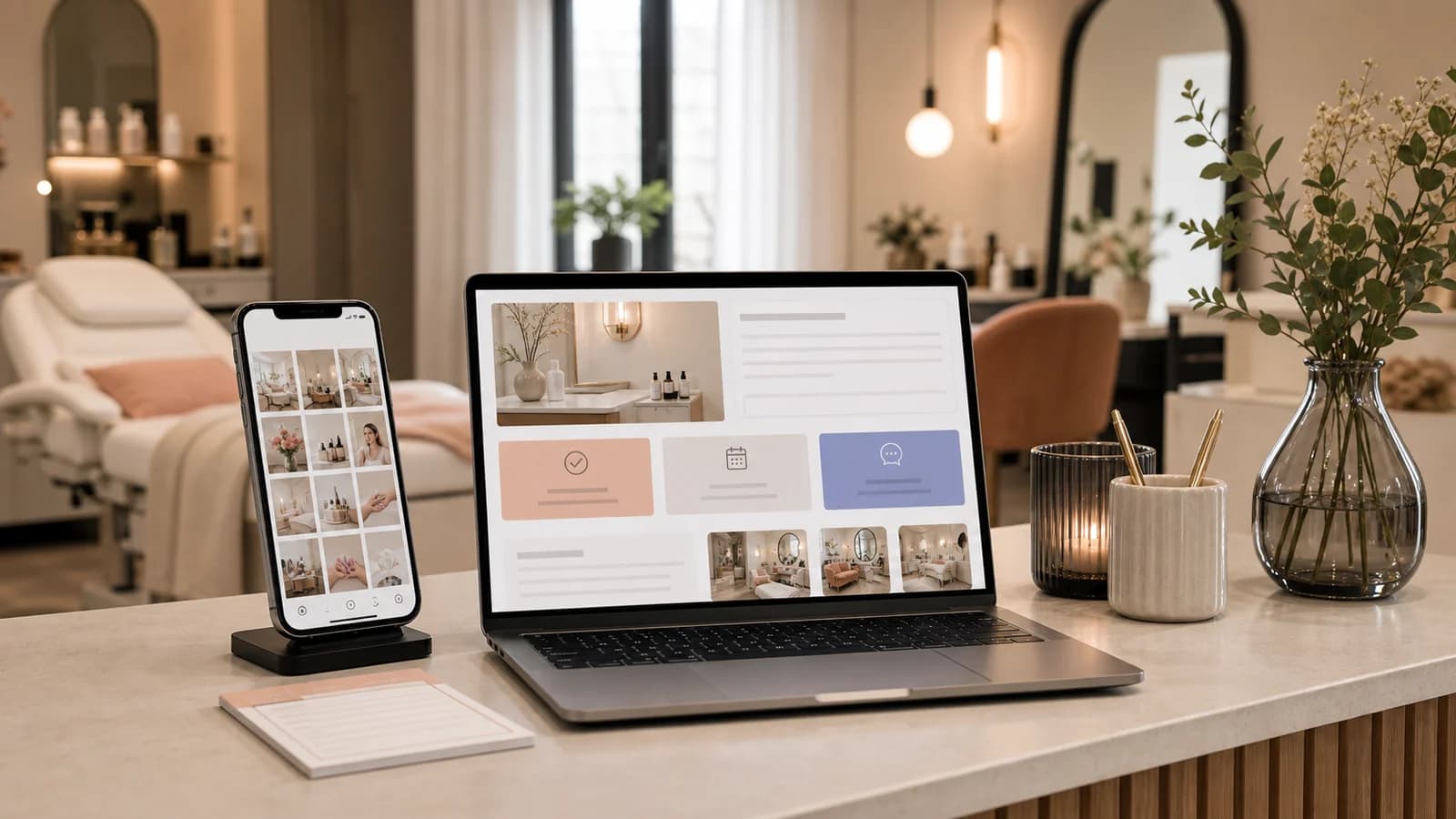 Studio-Inhaberin betrachtet Smartphone und Laptop in einem ruhigen Beauty-Studio.