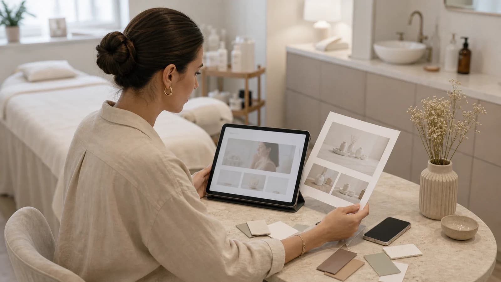 Studio-Inhaberin prüft auf einem Tablet den Relaunch ihrer Beauty-Studio-Website.