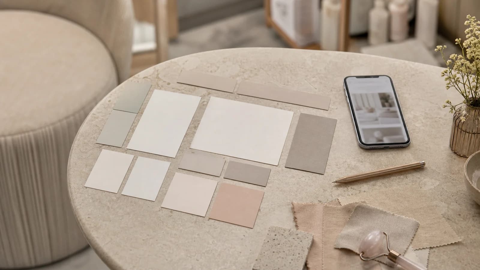 Ruhiger Studiotisch mit Blankokarten und Materialien zur Planung einer Website-Struktur.